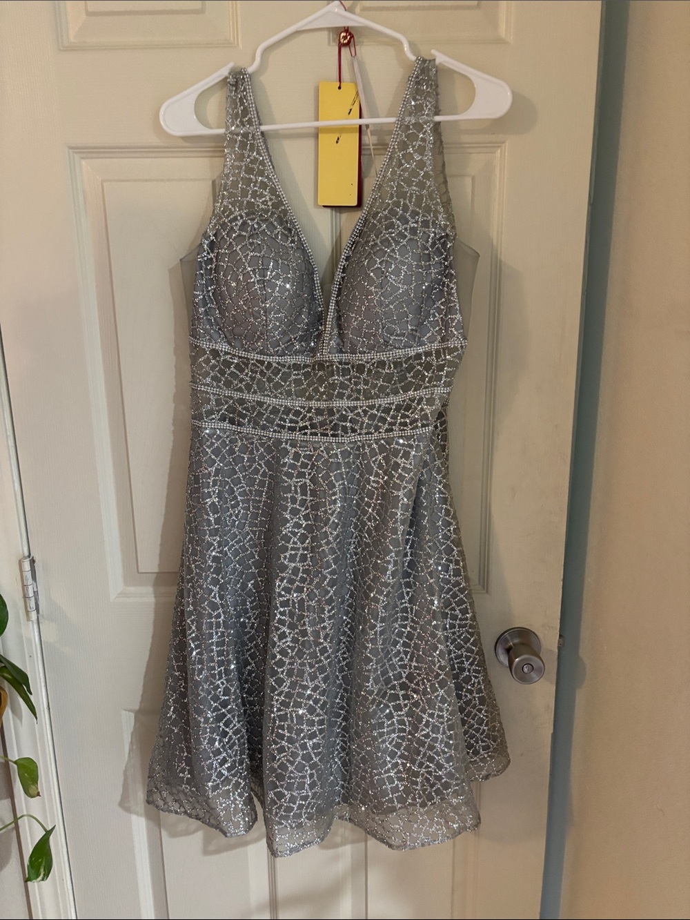 May Queen Silver Sequin V-Neck Evening Dress size 12